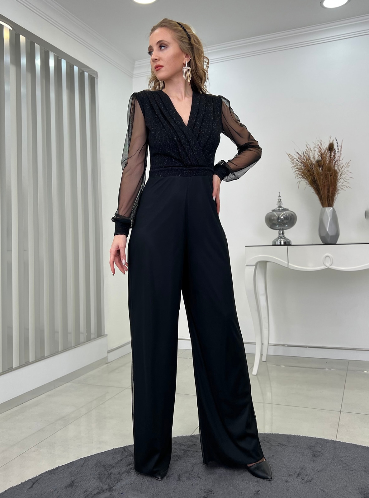 Fully Lined - V neck Collar - Silver color - Evening Jumpsuits