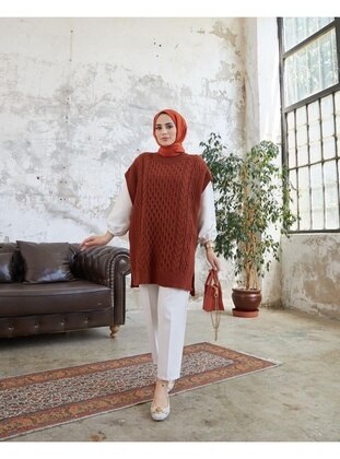 Brick Red - Knit Sweater - Moda Reyhan