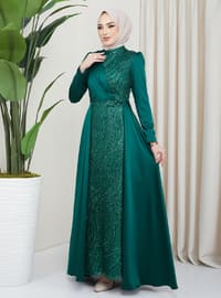 Green - Unlined - Crew neck - Modest Evening Dress