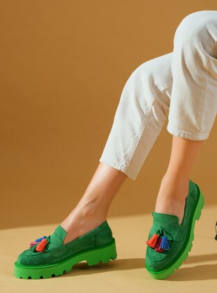 Casual - Green - Faux Leather - Casual Shoes - Pembe Potin