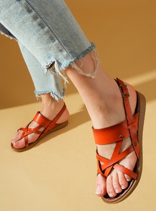 Orange - Sandal - Faux Leather - Sandal - Pembe Potin
