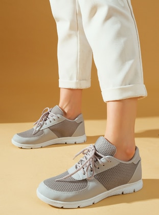 Grey - Sport - Faux Leather - Sports Shoes - Pembe Potin