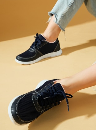 Navy Blue - Sport - Faux Leather - Sports Shoes - Pembe Potin