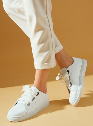 White - Sport - Faux Leather - Sports Shoes - Pembe Potin