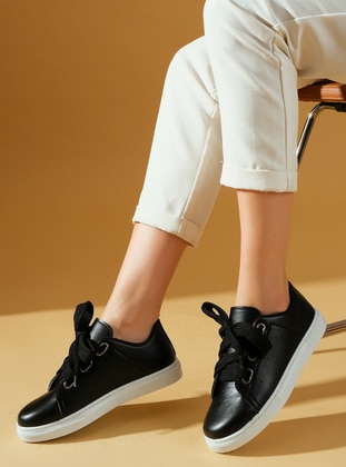 Black - Sport - Faux Leather - Sports Shoes - Pembe Potin