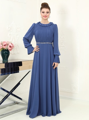 Dark Blue - Fully Lined - Crew neck - Modest Evening Dress - Azra Design