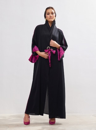 Black - Fuchsia - Unlined - V neck Collar - Abaya - AL SHEIKHA