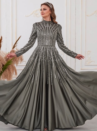 Khaki - Fully Lined -  - Modest Evening Dress - Aslan Polat