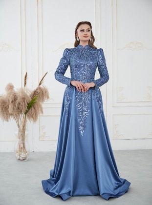 Dark Blue - Fully Lined -  - Modest Evening Dress - Aslan Polat