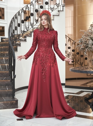 Burgundy - Fully Lined -  - Modest Evening Dress - Aslan Polat