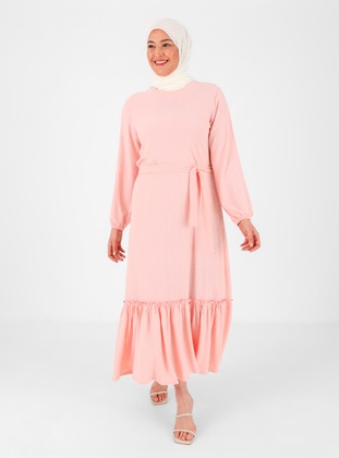 Powder Pink - Unlined - Crew neck - Plus Size Dress - GELİNCE