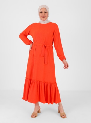 Orange - Unlined - Crew neck - Plus Size Dress - GELİNCE