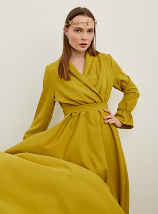 Mustard - Unlined - Double-Breasted - Modest Evening Dress - Ceylan Otantik