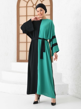 Black - Green - Gingham - Crew neck - Unlined - Modest Dress - Filizzade