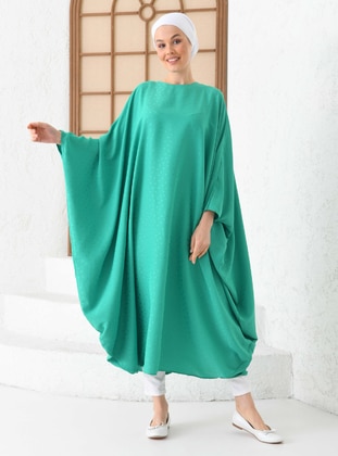 Green - Polka Dot - Crew neck - Unlined - Modest Dress - Filizzade