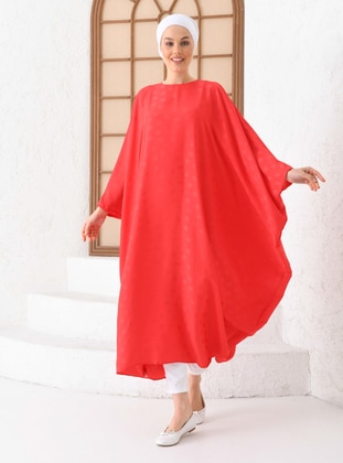 Red - Polka Dot - Crew neck - Unlined - Modest Dress - Filizzade