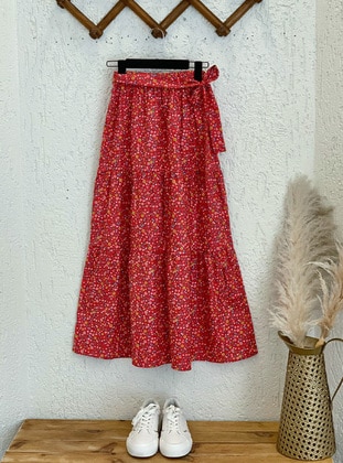 Red - Floral - Unlined - Skirt - Ceylan Otantik