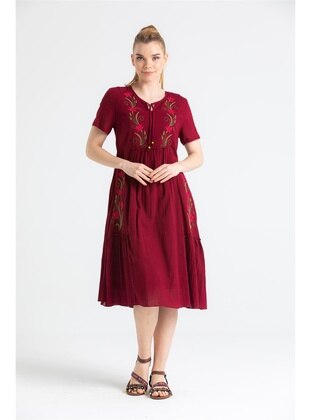 Burgundy - V neck Collar - Modest Dress - ELİŞ ŞİLE BEZİ