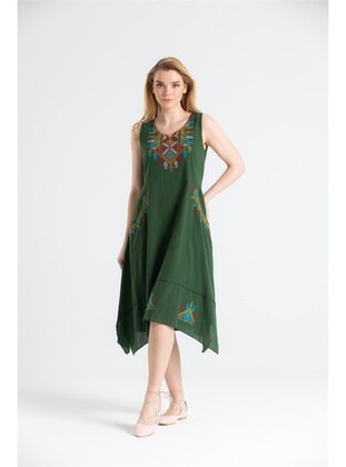 Green - V neck Collar - Modest Dress - ELİŞ ŞİLE BEZİ