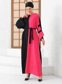 Black - Fuchsia - Gingham - Crew neck - Unlined - Modest Dress - Filizzade