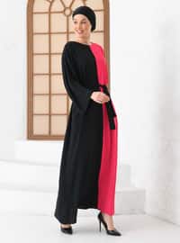 Black - Fuchsia - Gingham - Crew neck - Unlined - Modest Dress - Filizzade