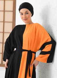 Black - Orange - Gingham - Crew neck - Unlined - Modest Dress - Filizzade