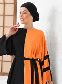 Black - Orange - Gingham - Crew neck - Unlined - Modest Dress - Filizzade