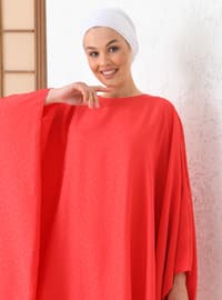 Red - Polka Dot - Crew neck - Unlined - Modest Dress