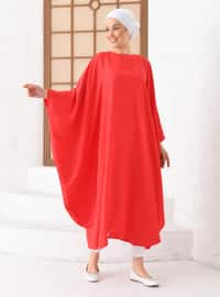 Red - Polka Dot - Crew neck - Unlined - Modest Dress