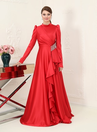 Red - Fully Lined - Crew neck - Modest Evening Dress - Azra Design