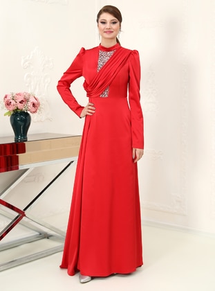 Red - Fully Lined - Crew neck - Modest Evening Dress - Azra Design