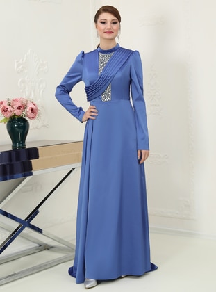 Dark Blue - Fully Lined - Crew neck - Modest Evening Dress - Azra Design