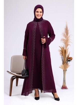 Women's Plus Size Stones And Pearl Patterned Sleeves Pleated Mother Hijab Evening Dress Suit Purple