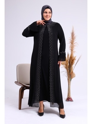Women's Plus Size Stones And Pearl Patterned Sleeves Pleated Mother Hijab Evening Dresses Black