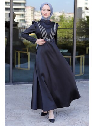 Black - Unlined - Crew neck - Modest Evening Dress - Tesettür Dünyası