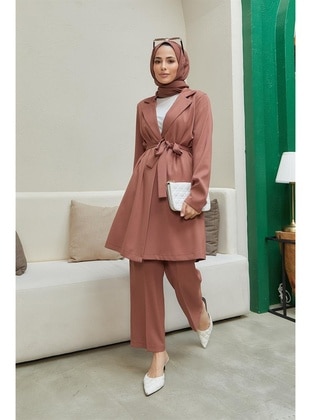 Hijab Crepe Jacket Pants Suit Taba
