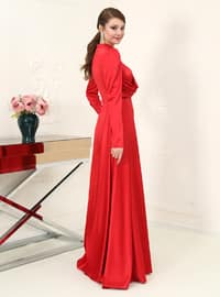 Red - Fully Lined - Crew neck - Modest Evening Dress
