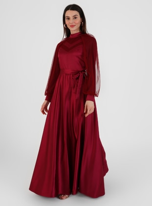Burgundy - Fully Lined - Polo neck - Modest Evening Dress  - Semra Aydın