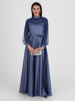 Dark Blue - Fully Lined - Polo neck - Modest Evening Dress  - Semra Aydın