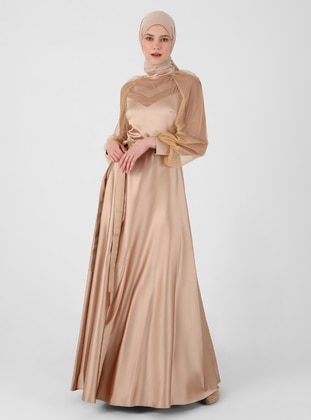 Beige - Fully Lined - Polo neck - Modest Evening Dress - Semra Aydın
