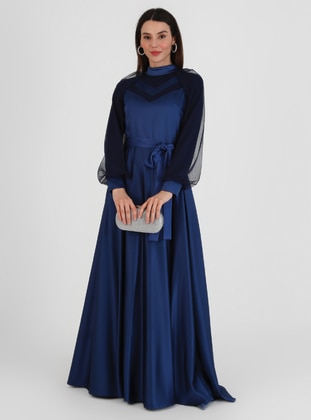 Navy Blue - Fully Lined - Polo neck - Modest Evening Dress  - Semra Aydın