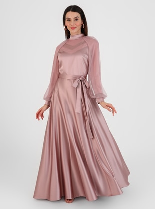 Powder Pink - Fully Lined - Polo neck - Modest Evening Dress  - Semra Aydın