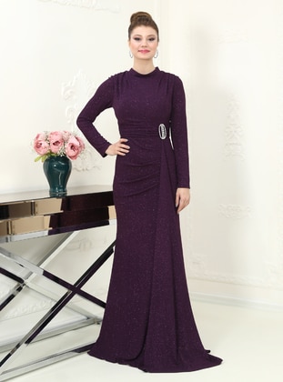 Purple - Crew neck - Fully Lined - Crew neck - Modest Evening Dress - Azra Design