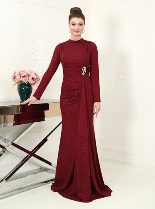 Burgundy - Fully Lined - Crew neck - Modest Evening Dress - Azra Design