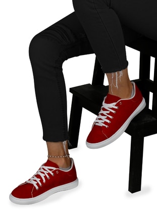 Red - Sport - Faux Leather - Sports Shoes - Renkli Butik
