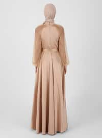 Beige - Fully Lined - Polo neck - Modest Evening Dress