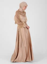 Beige - Fully Lined - Polo neck - Modest Evening Dress
