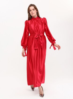 Red - Fully Lined - Crew neck - Modest Evening Dress - Asee`s