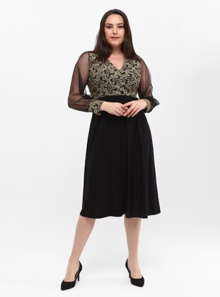 Black - Mink - Multi - Double-Breasted - Plus Size Evening Dress - Asee`s