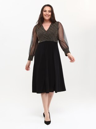 Black - Stone - Multi - Double-Breasted - Plus Size Evening Dress - Asee`s